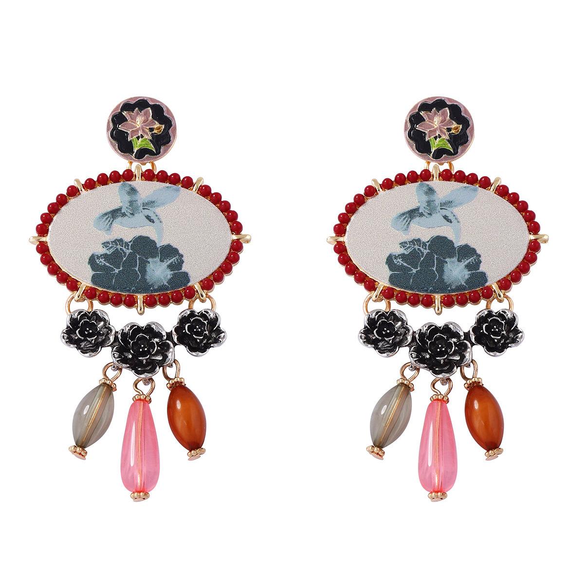 ZA Трансграничный Тренд Преувеличения Национальная Литература и Искусство Ретро Стиль Сплав Смола Летающая Птица и Цветок Бахрома Серьги Серьги разноцветный