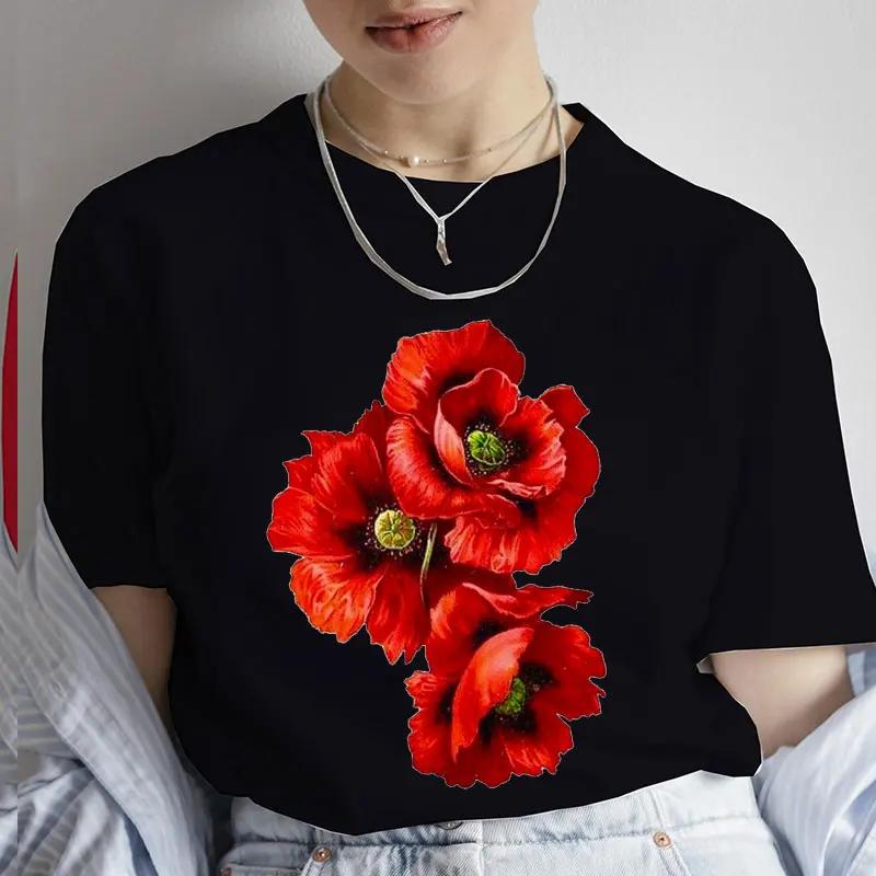Fashion Red Poppy Flower Unisex T Shirt Funny Tops Tee Female Short Sleeve Tshirt Harajuku Tee Shirts Female Tee Girls Tshirts