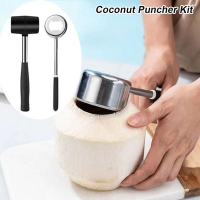 1Set with Corkscrew Coconut Puncher Wood/Rubber Handle Stainless Steel Coconut Opener Kit Professional Coconut Shell Hammer