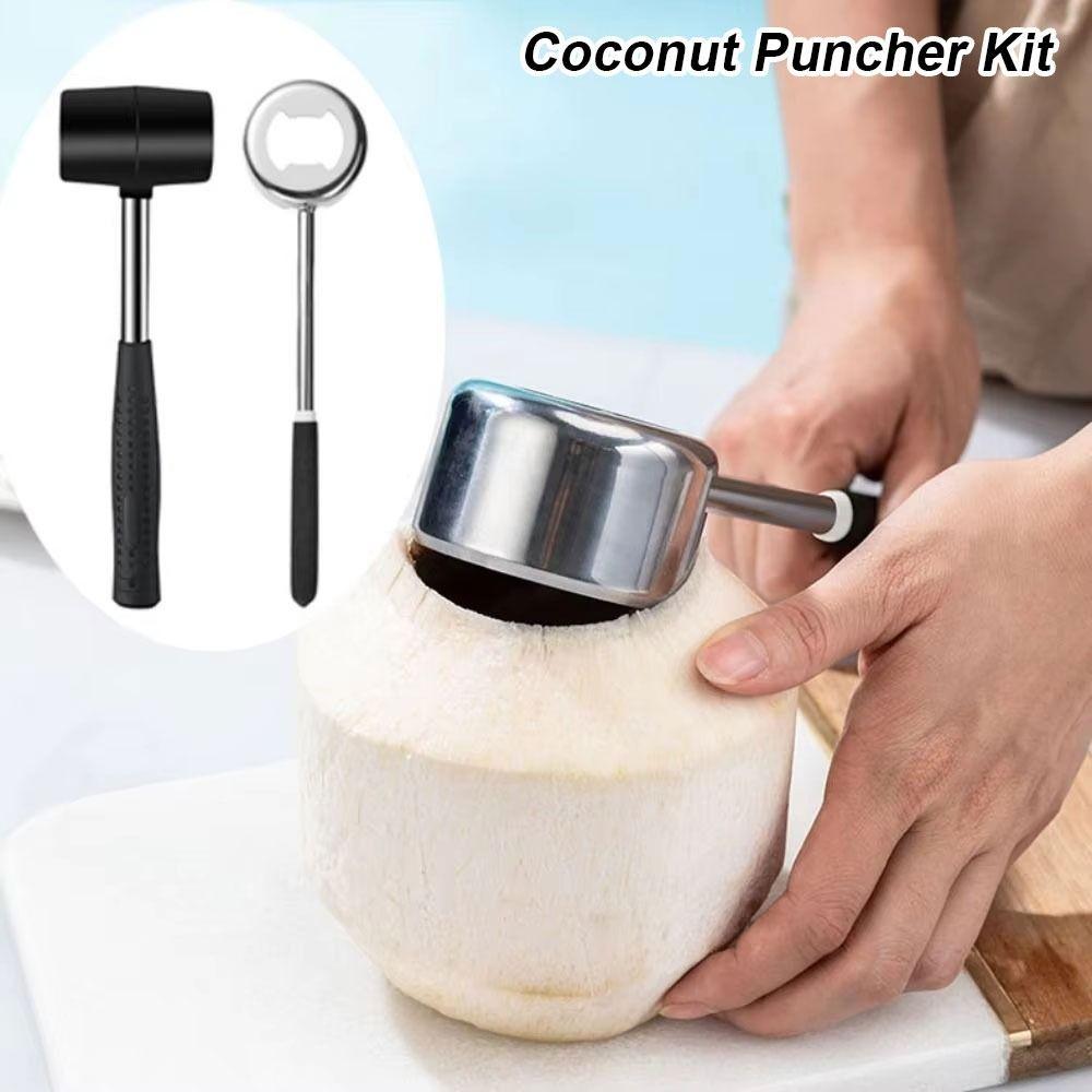 1Set with Corkscrew Coconut Puncher Wood/Rubber Handle Stainless Steel Coconut Opener Kit Professional Coconut Shell Hammer