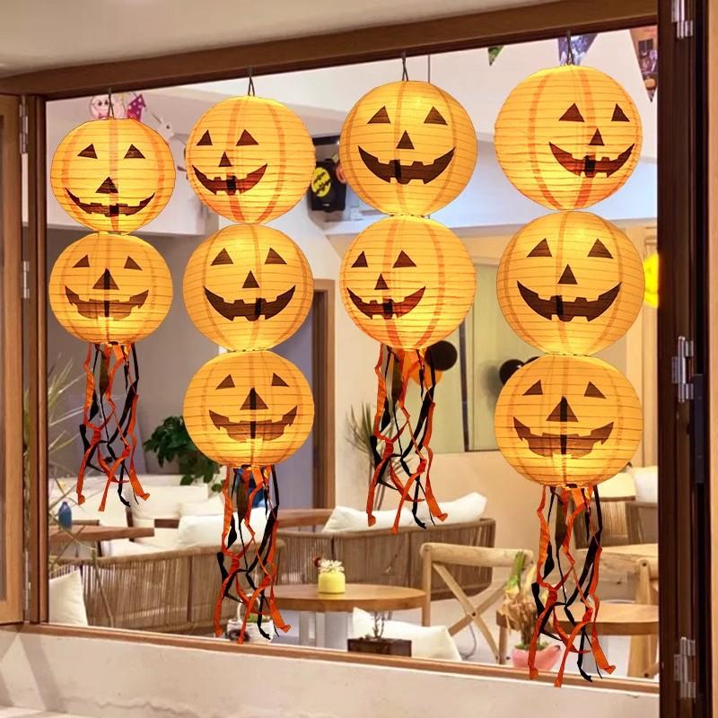 3pcs Halloween Pumpkin Lantern Decorations: Light-Up Paper Lantern Hangings for Outdoor, Kindergarten & Hotel Scene Setup