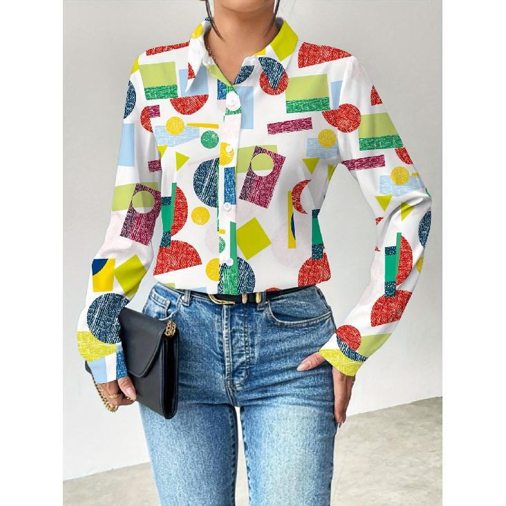 Spring and Autumn 3D Digital Print Women's Fashionable Collared Long Sleeve Casual Shirt