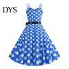 Vinatge 60s Sundress Women Dress Retro A-line Big Swing Tight High Waist Bow Decor Sleeveless V Neck Back Zipper Dot Print Contrast Color Party