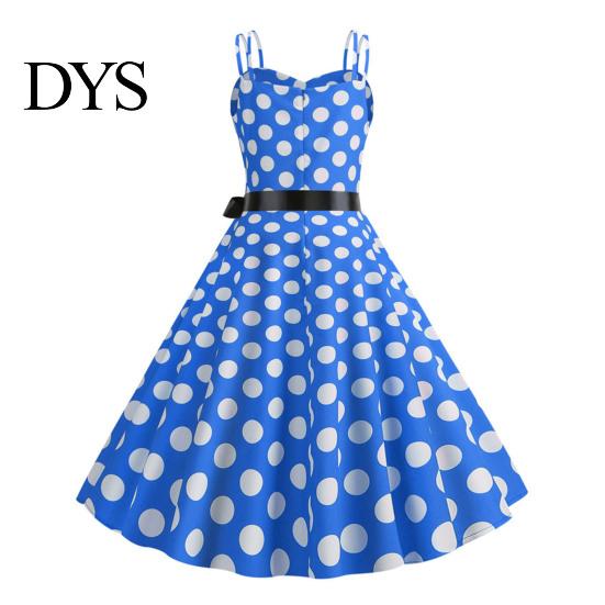 Vinatge 60s Sundress Women Dress Retro A-line Big Swing Tight High Waist Bow Decor Sleeveless V Neck Back Zipper Dot Print Contrast Color Party