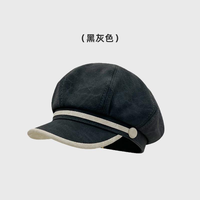 New pu leather brim octagonal hat female retro face little newsboy painter hat big head circumference beret