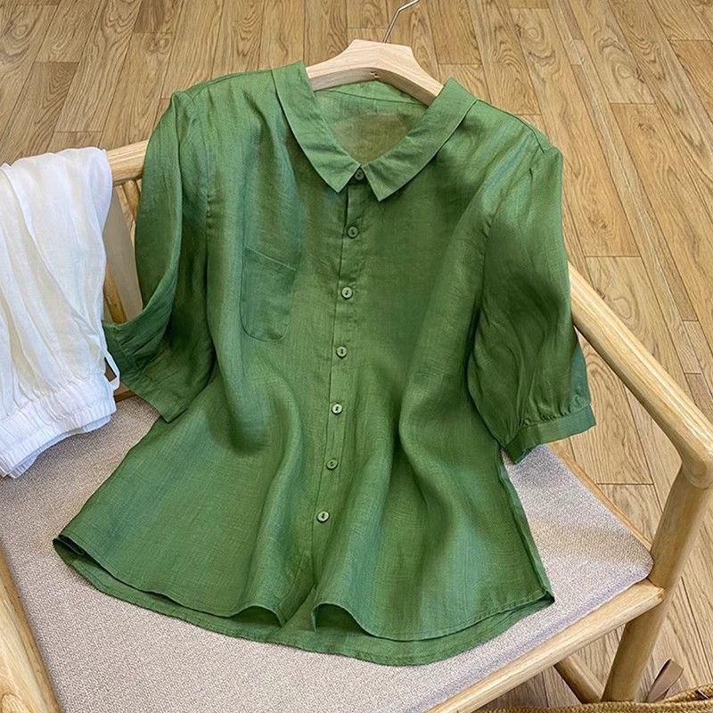 Summer new versatile loose cotton and linen literary and retro lapel solid color temperament shirt cotton and linen top women's short sleeves