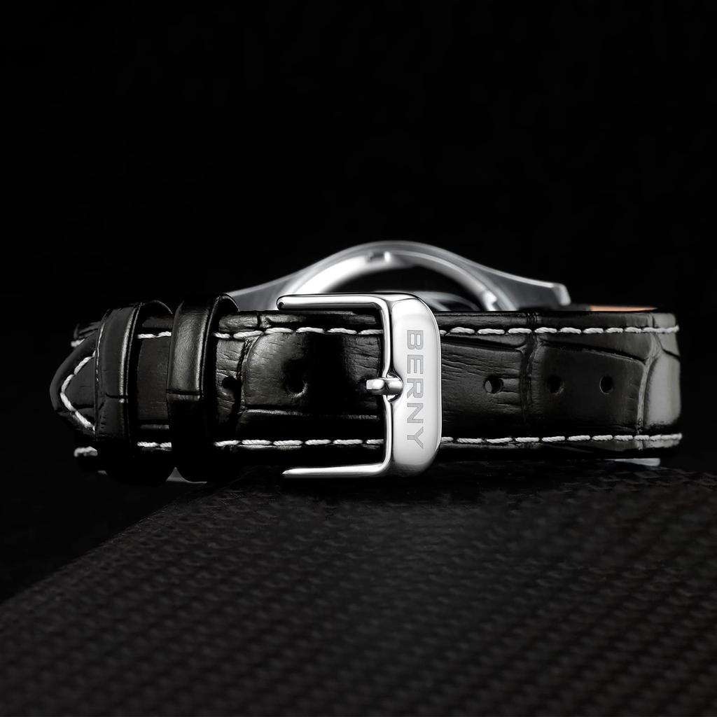 BERNY Multifunctional Quartz Watch Calendar and Moon Phase Watch Stainless Steel Case and Leather Quartz Men's Band, Black, Watch. …