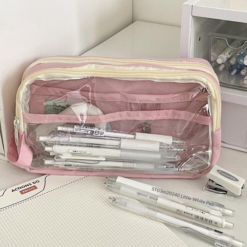 Transparent Visible Pencil Case Large Capacity Double Layer Splash Prevention Pen Pouch School Exam Stationery Bag