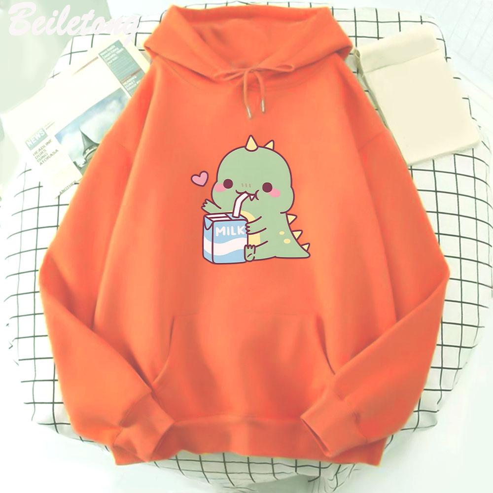 Dinosaur Oversized Tegneserie Dame Genser Hettegenser Søtt Trykk Kawaii Klær for Jente Pullover Casual Morsom Dame Harajuku Varm