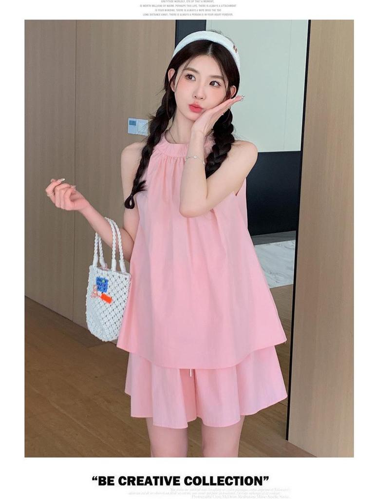 Francuski Uroczy Ciążowy Zestaw Babydoll Bez Rękawów Top i Szorty - Lato 2024