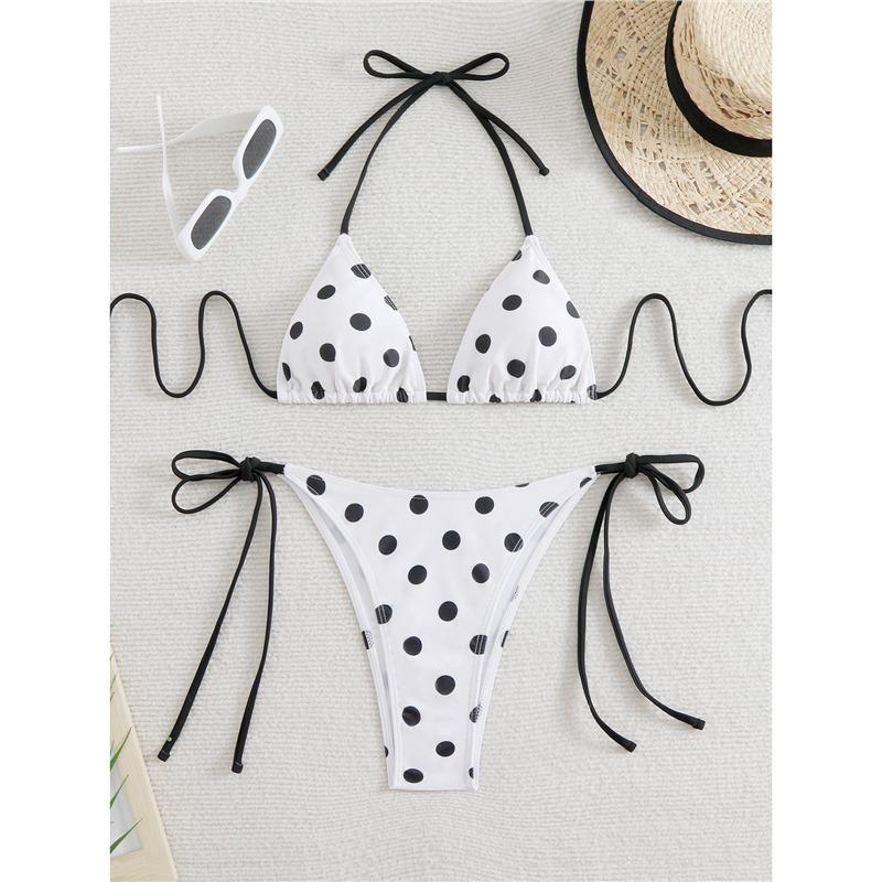 Retro-Bikini mit Punkten, trägerlos, am Hals hängend, niedrige Brust, separater Badeanzug für Damen, Strandurlaub, Bademode