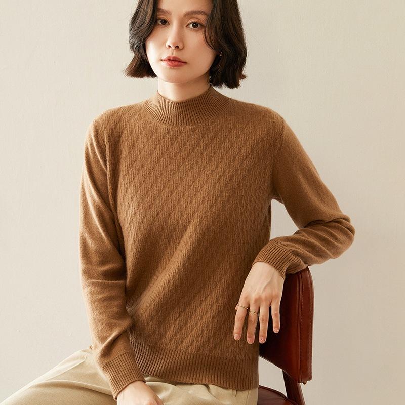 Cashmere Sweater for Women In Autumn and Winter Updated Style for Back-neck Half High Neck Relaxed Fit Long Sleeve Jacquard Base Sweater