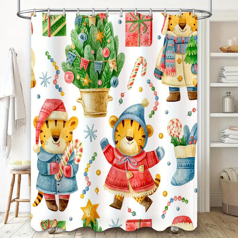 Christmas Collection Shower Curtain Tiger Family Party Decorations with Candy Cane Gifts Festive Home Decoration