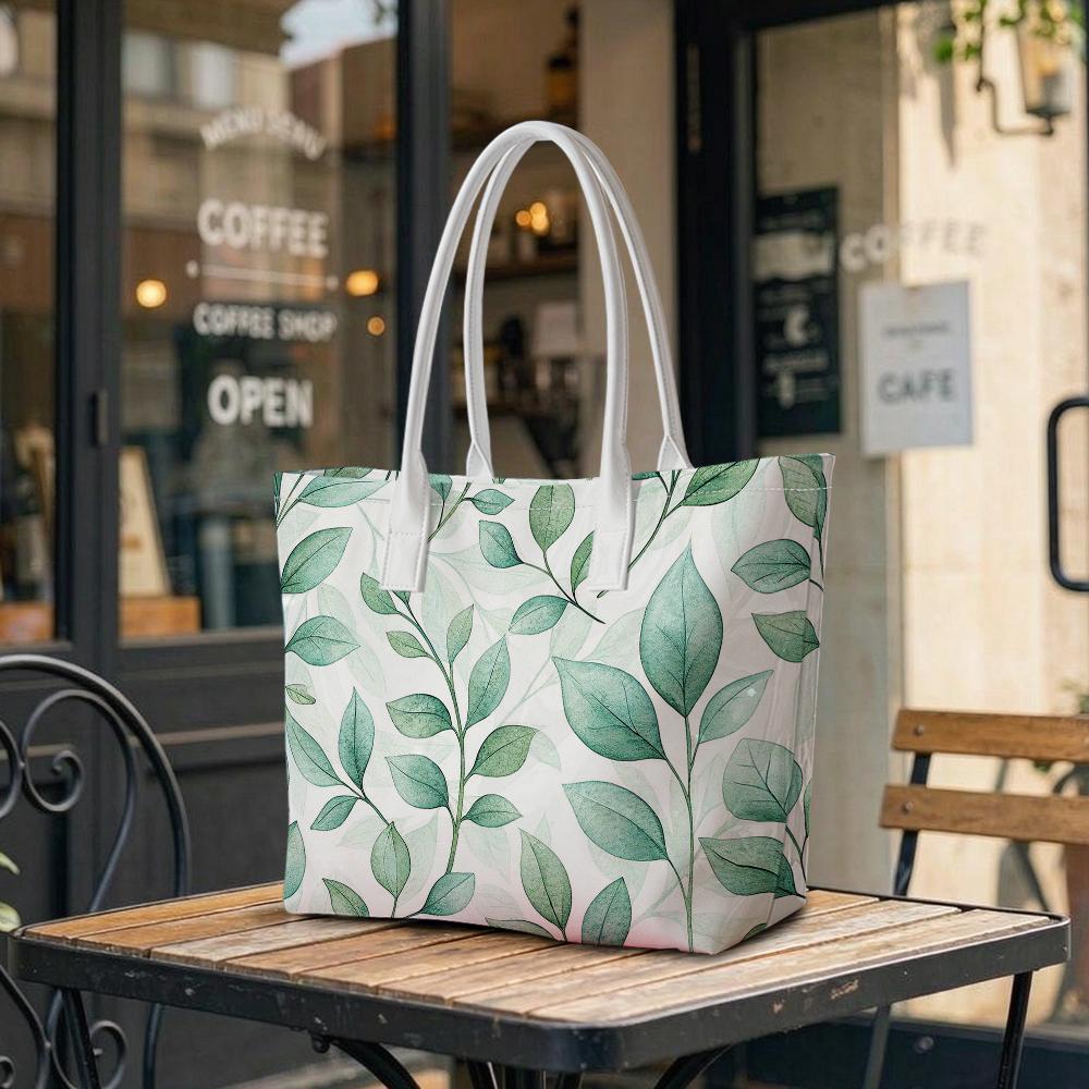 Elegant Green Leaf Print Tote Bag Casual Daily Shoulder Handbag for Women 