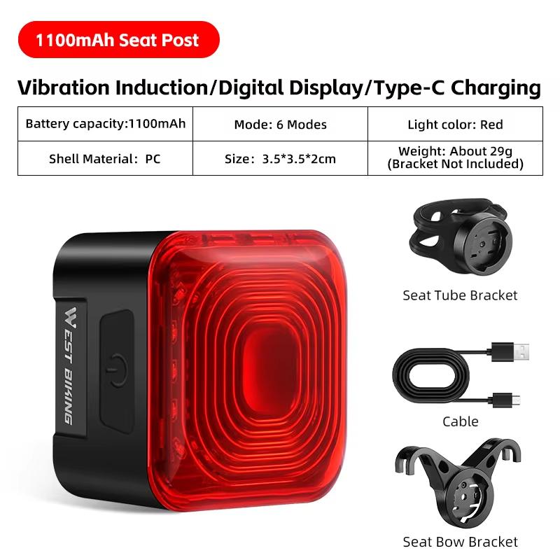 WEST BIKING Bicycle Rear Light Intelligent Brake Sensing Taillights High Visibility Type-C Rechargeable Bike LED Rear Light2