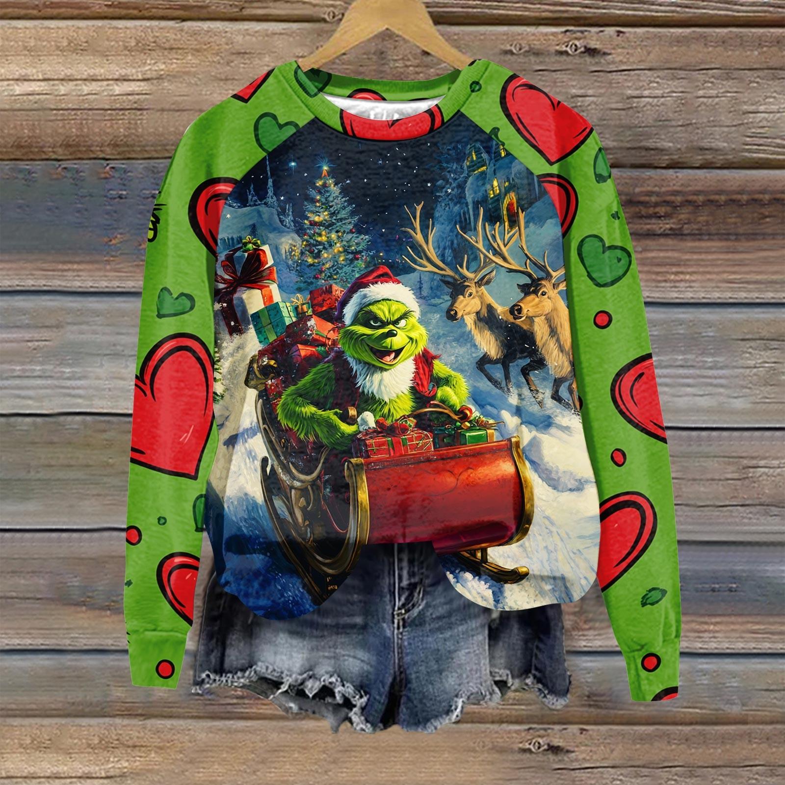 

Женская мода повседневная толстовка с длинным рукавом и принтом рождественского Гринчмаса с круглым вырезом и реглан XXL