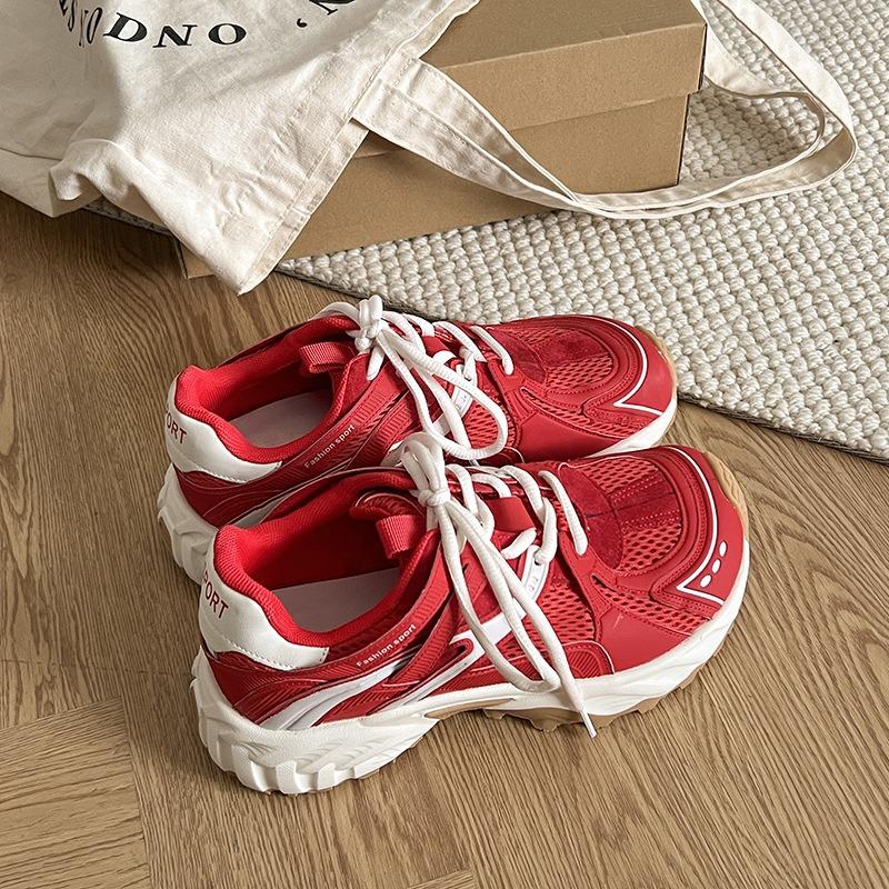 Thick-soled Color Matching Retro Mesh Dad Shoes Women's Shoes New Laces Show Feet Small Round Head Sports and Leisure Shoes