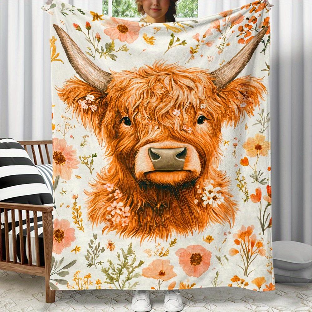 Highland cow floral pattern blanket rustic farm animal blanket cozy soft throw blanket for farmhouse decor country style gift 75X95CM