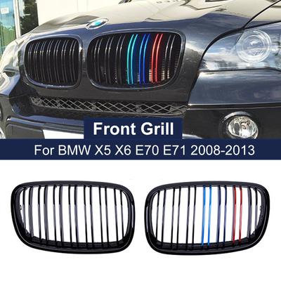 2PCS Car Front Bumper Grille Cover Trim For BMW X5 X6 E70 E71 2008-2013 M-Color Kidney Grilles Dual Slat Style Replacement