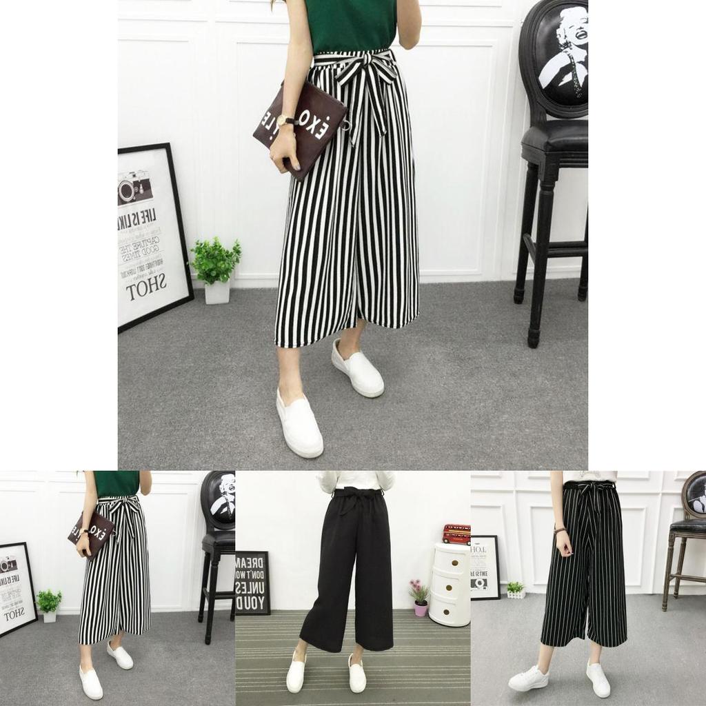 Women Wide Korean Leg High Waist Loose Baggy Casual Striped Crop Pants Trousers