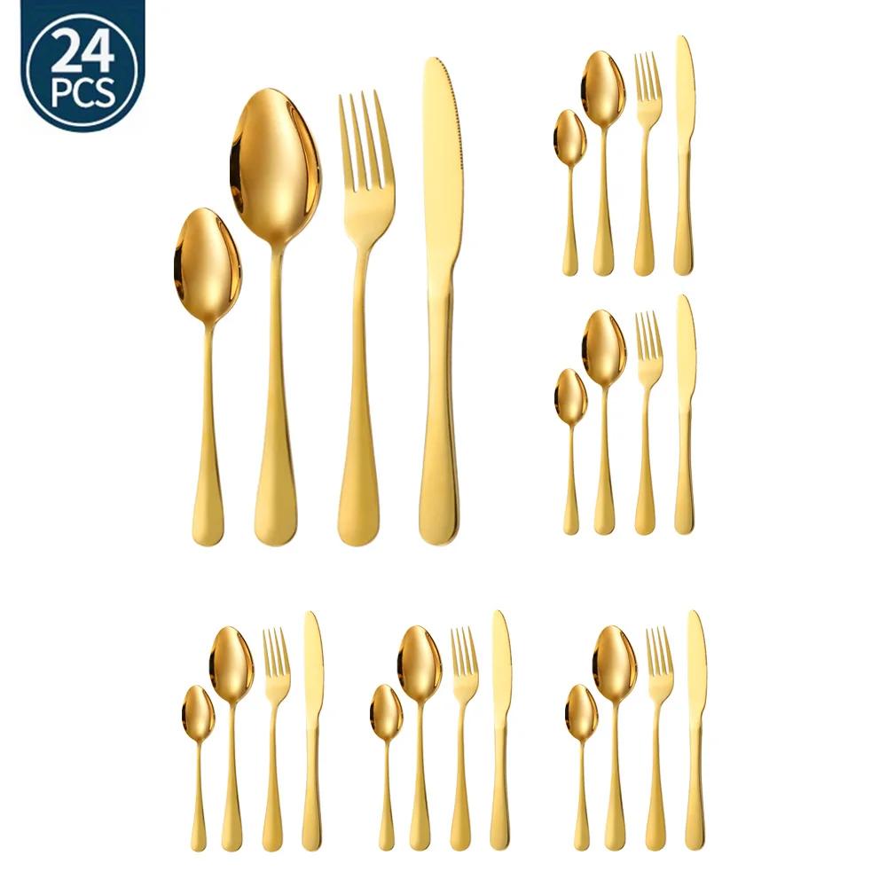 24Pcs Black Gold Western Dinnerware Set Stainless Steel Cutlery Set Fork Knife Spoon Tableware Set Flatware Set Silverware Set