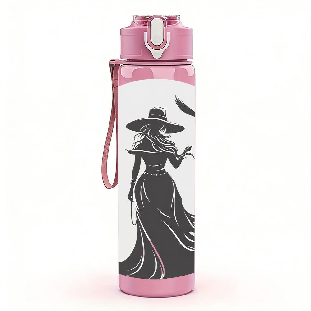 1PC Silhouette Witch Under Moon Night Print 750ml Color Plastic Sports Water Bottle Leakproof Flip Straw Lid Suitable for Sports Office Home Use