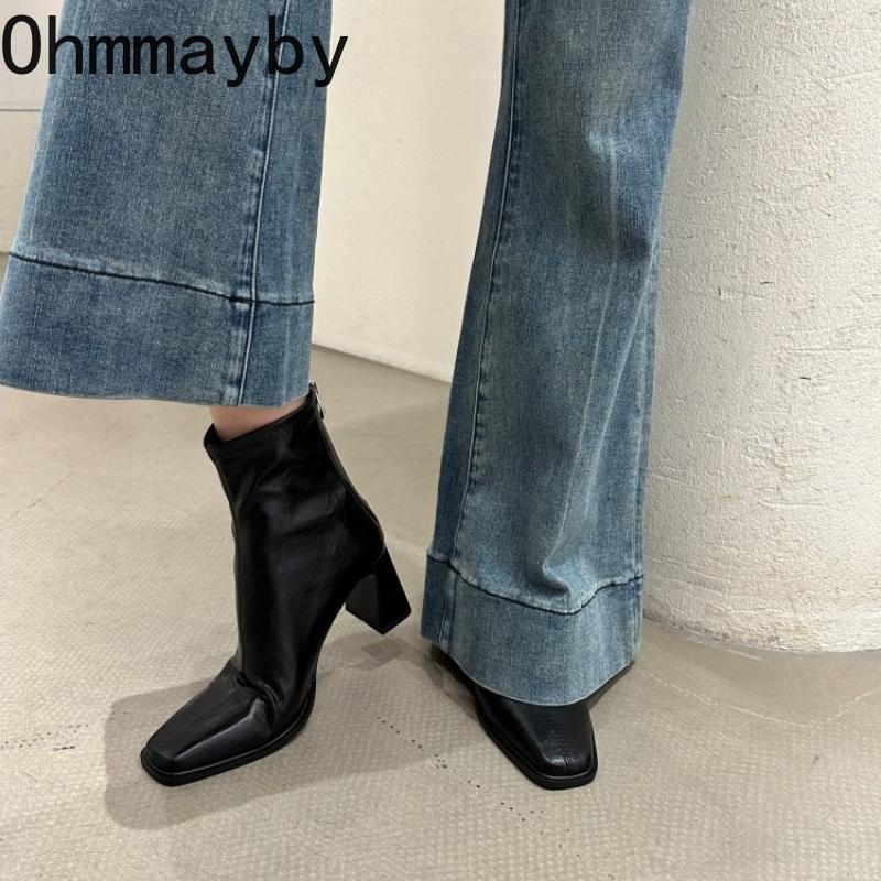 Vintage Square Toe Dick Absatz Damen Stiefelette Mode Square Toe Damen Elastische Schlanke Kurze Stiefeletten Herbst Winter Damen Schuhe
