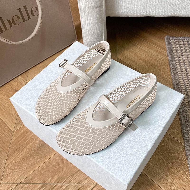 

Летние новые сандалии на плоской подошве с вырезами, женские туфли-сетка, туфли-сетка 2025, туфли Мэри Джейн, балетки женские 33 абрикосовый