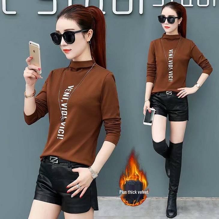 

Women s Slim Fit High Neck Long Sleeve T-shirt - Korean Style Autumn/Winter Base Layer M темно-коричневого