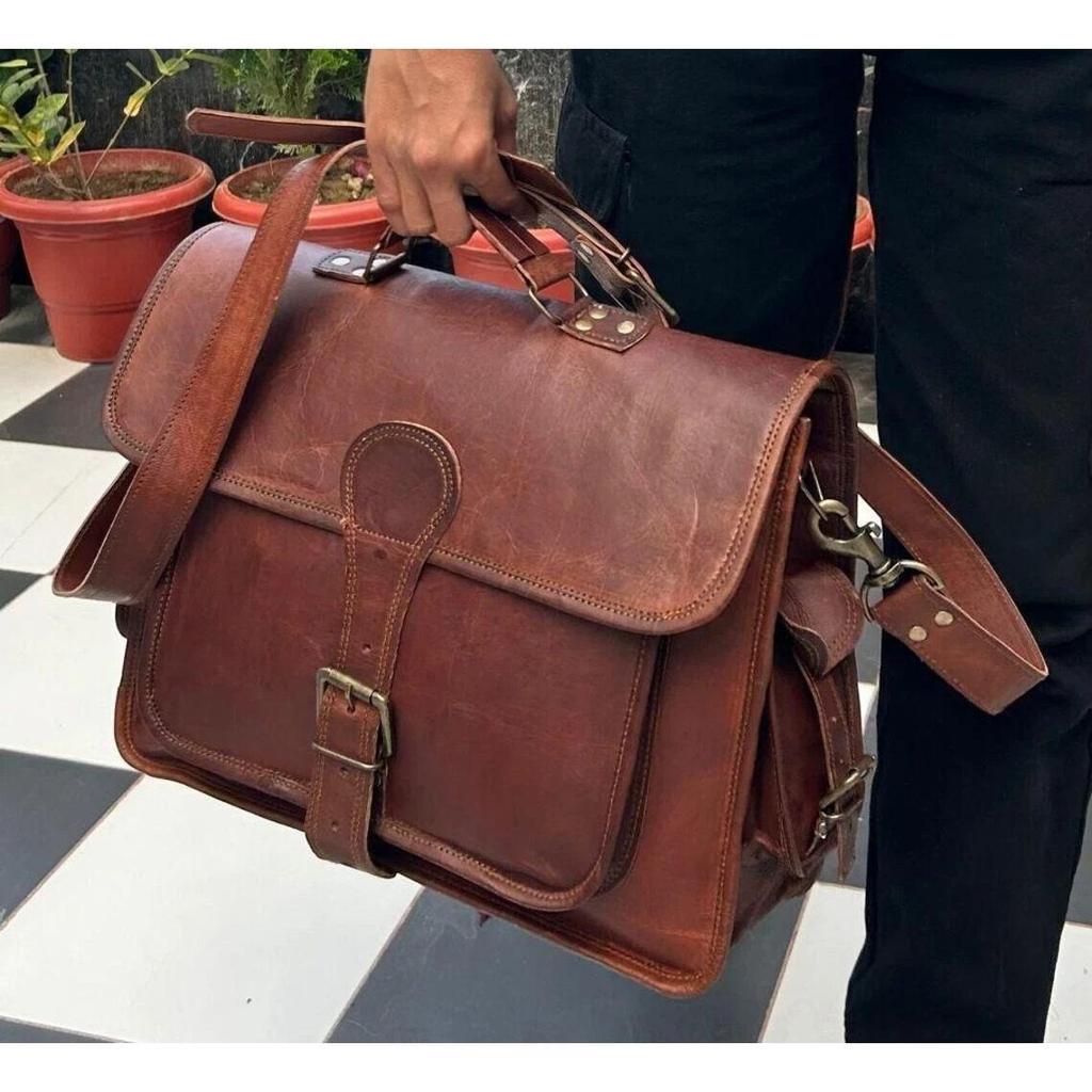 Men's Leather Handmade Laptop Shoulder Cow Crossbody Satchel Brown Bag