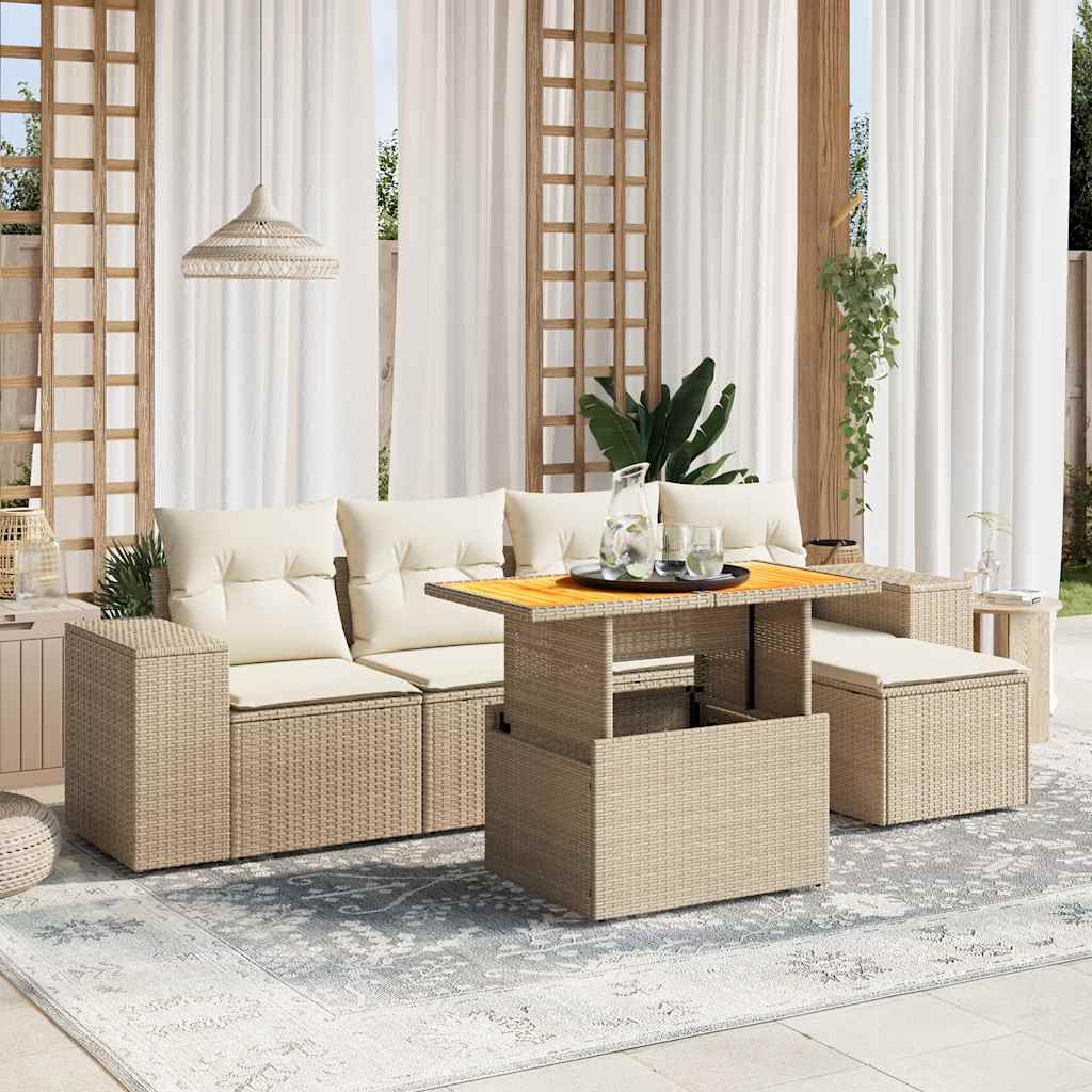 6 Piece Garden Sofa Set with Cushions Beige Poly Rattan
