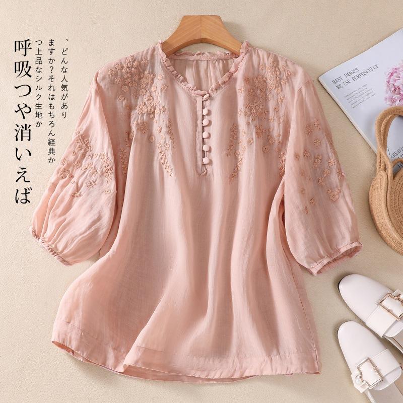 Women Round Neck Button Down Shirt Loose Embroidery Shirt Summer Cotton Linen Short Sleeve Shirt Tops
