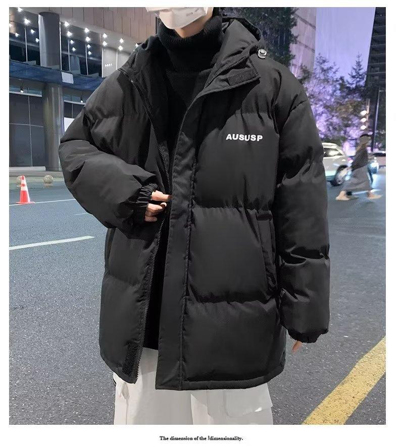 Pánská tlustá zimní bunda ve stylu Hongkongu se stojáčkem – Volný střih, Jednobarevná, Tištěný trendy design