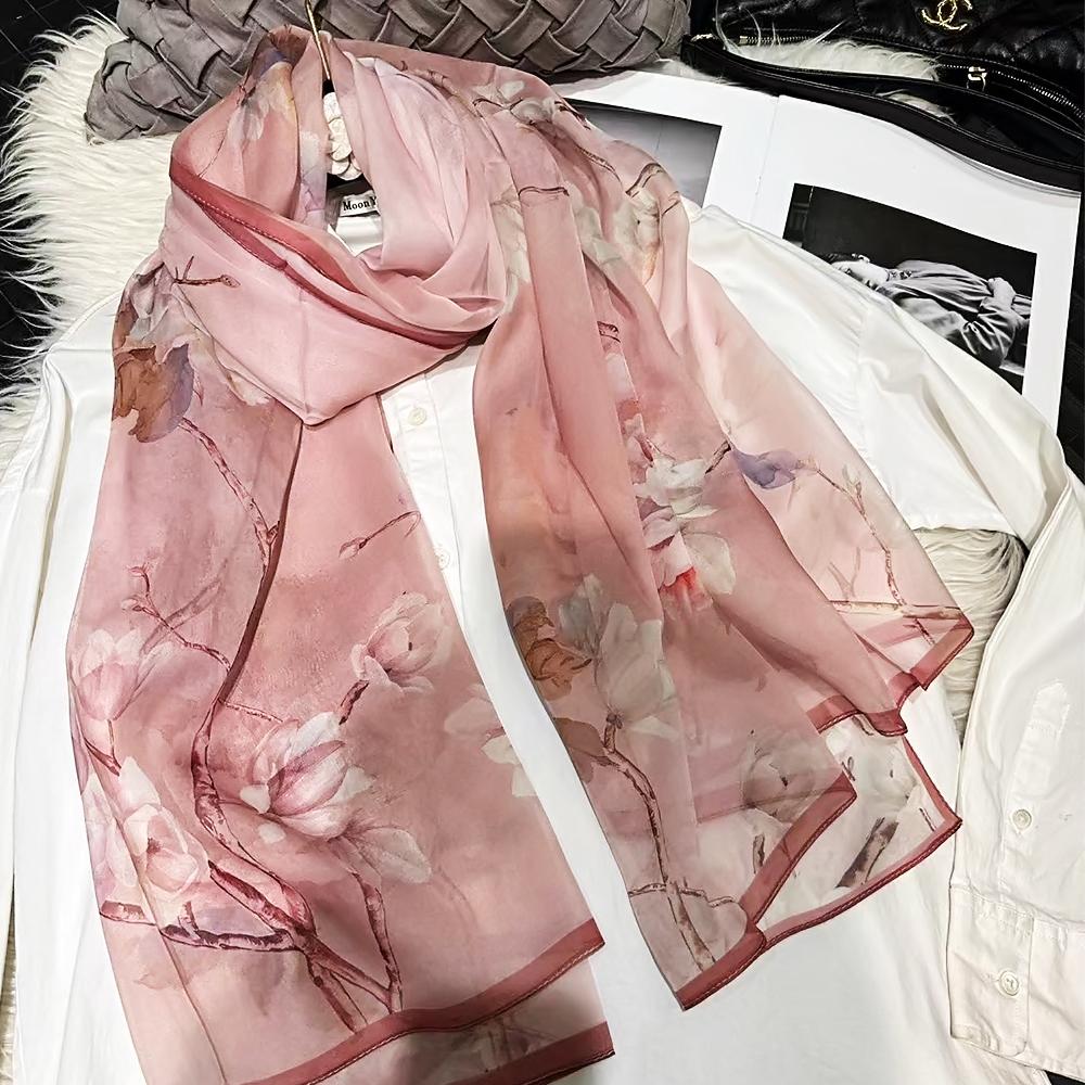 Blue Green 100% Silk Shawl Scarf Women Fashion New Floral Design Long Scarves Wraps Summer Chiffon Beach Scarf Wrap 180*110Cm