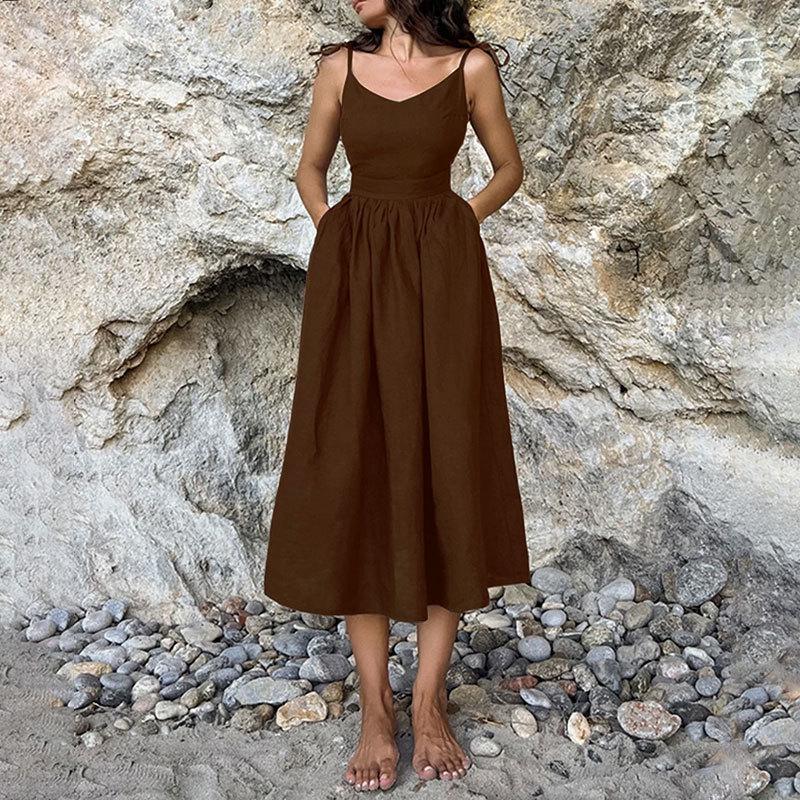 Abito Elegante Francese da Donna Europeo 2025 con Scollo a V sulla Schiena e Spalline Sottili a Vita Alta