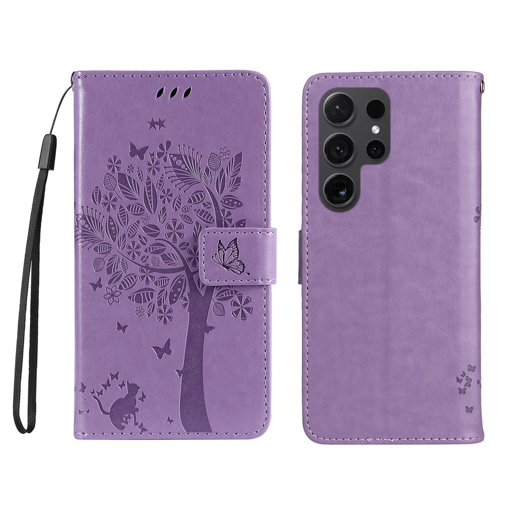 For Samsung Galaxy S24 Ultra Phone Case with Stand Cat Tree Pattern Leather Wallet Mobile Cover