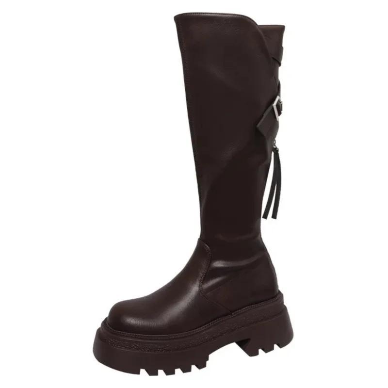 Brown Thick Heel Long Boots Women's Summer Versatile Slimming Over-Knee Boots Stylish Round Toe Rubber Outsole Pure Color