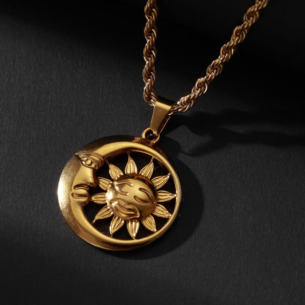 Sun and Moon Theme Pendant Necklace Titanium Steel Pendant Versatile Twist Chain