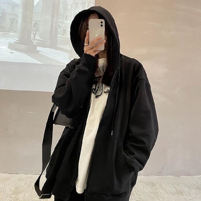 Heavyweight Large Fish Scale Oversized Milk Apricot Zipper Hoodie Cardigan for Women - Early Autumn Student Jacket