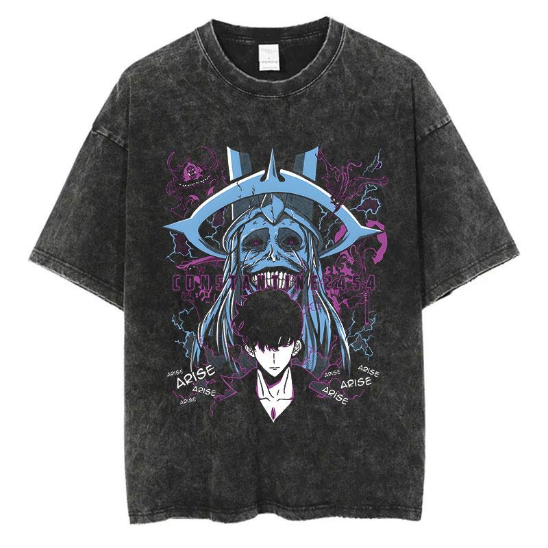 T-shirt Anime Giapponese Solo Leveling Stampa Vintage Lavato Harajuku Streetwear T-shirt Grafica T-shirt Estiva a Maniche Corte