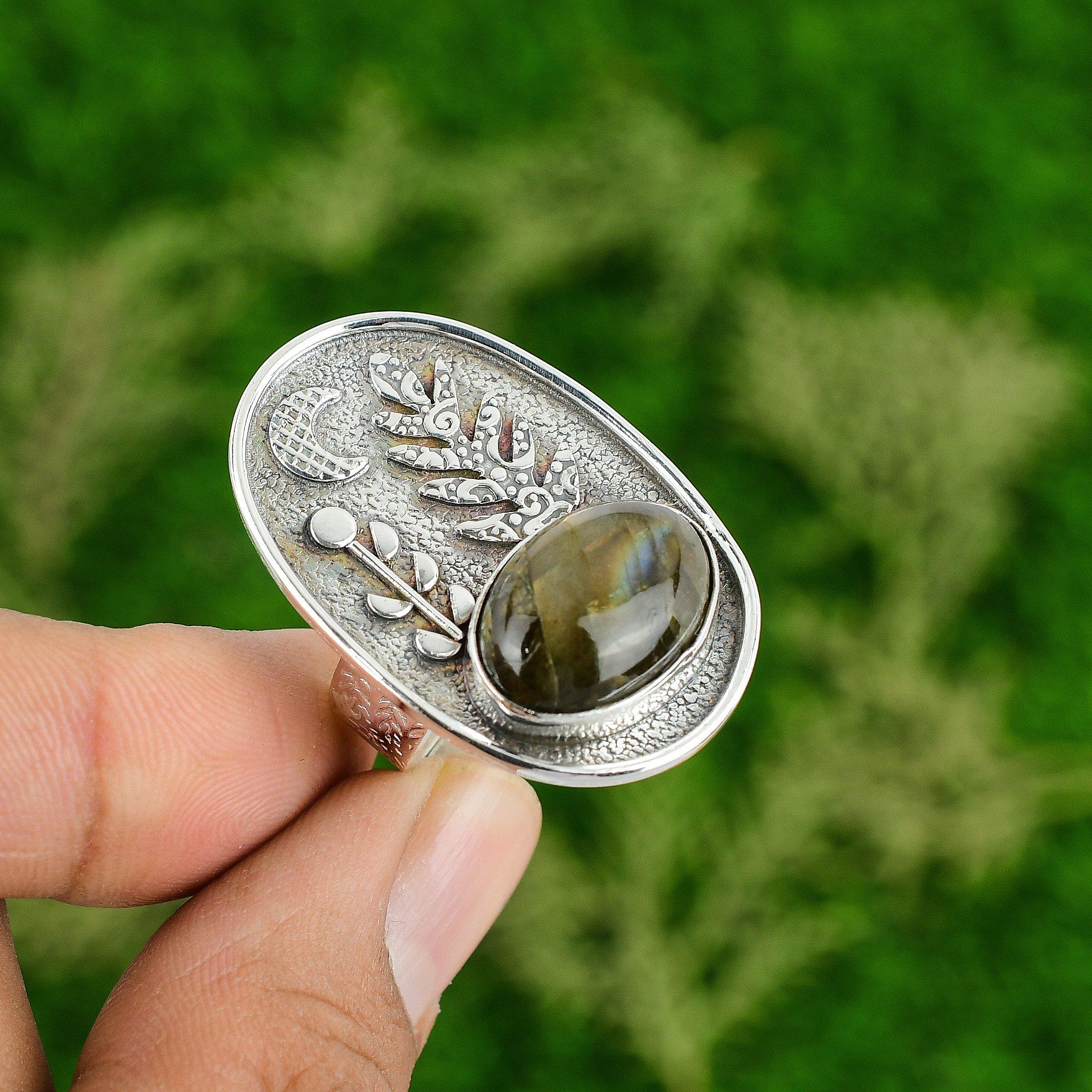 

Natural Labradorite Gemstone Promise Green Adjustable Ring 925 Sterling Silver Adjustable