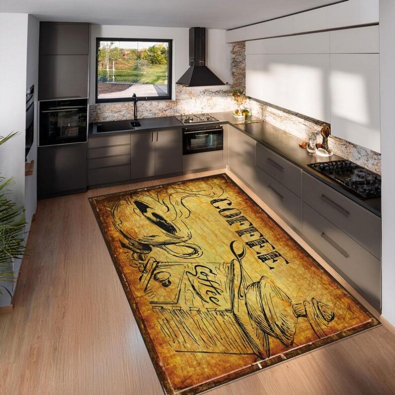 Artistic Sketch Print Coffee Mat Minimalist Line Art Kitchen Rug with Coffee Cup Design Elegant and Simple Non-Slip Floor Decor