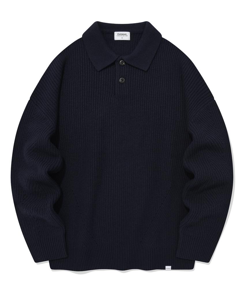 COVERNAT Lambswool Collared Knit Navy