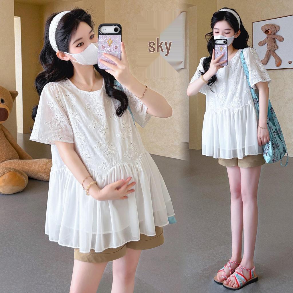 Korean Style Embroidered Patchwork Chiffon Doll Top & Tummy Support Shorts Set (Spring/Summer 2026)