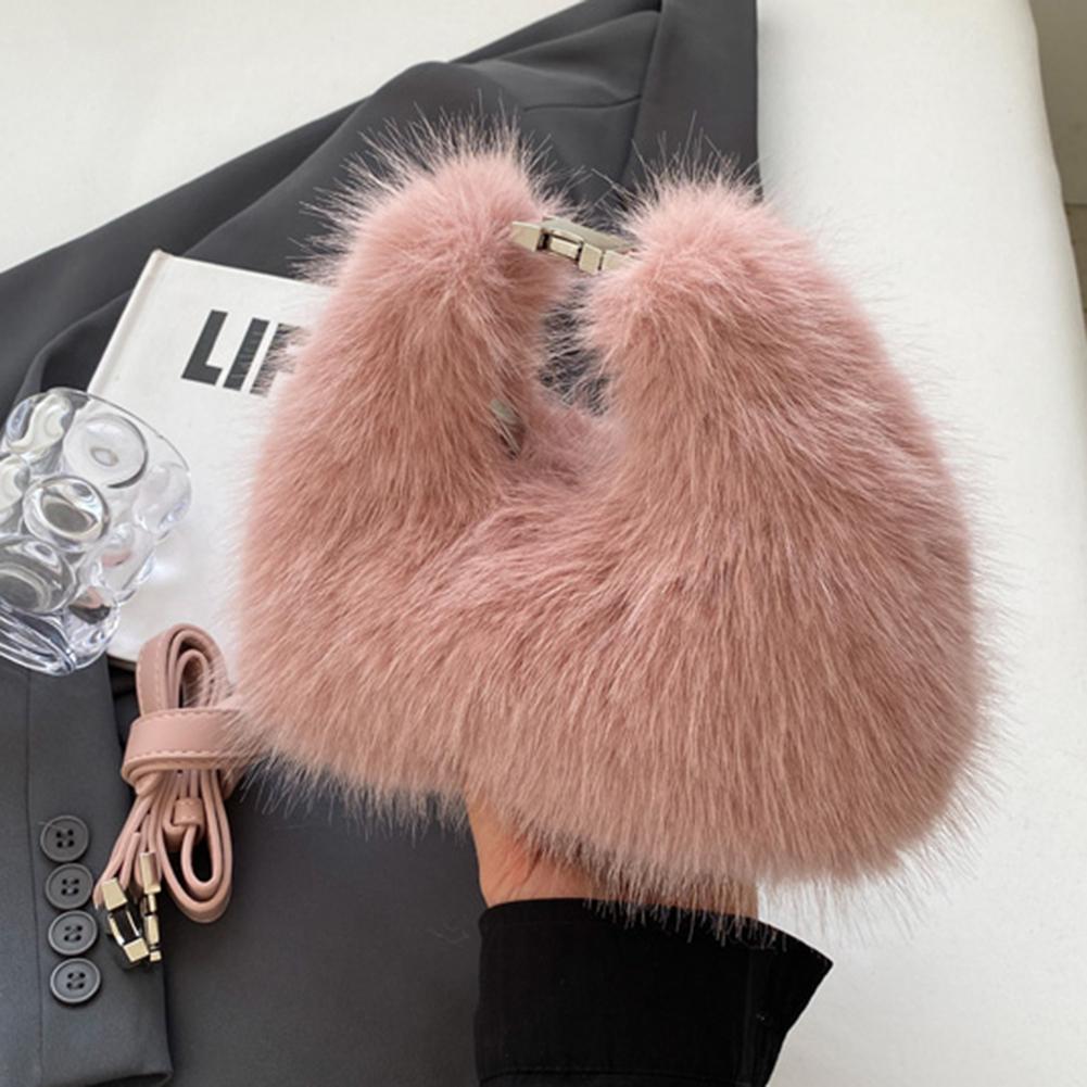 Adjustable Strap Clutch Purse Women Faux Fur Shoulder Bag Soft Plush Handbag Solid Color Hobo Bag for Travel Party