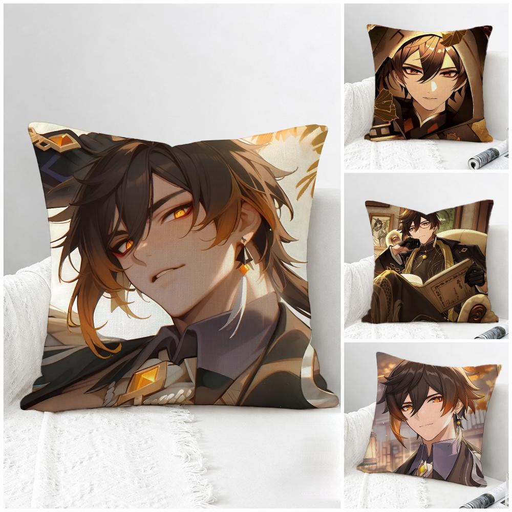 Game Genshin Impact Zhongli Cushion Cover Natural Linen Pillowcase Set AllinOne Decor for Sofa Bedroom Chair