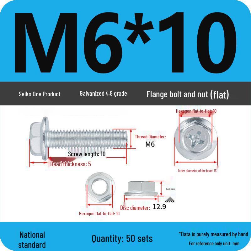 4.8 Grade Galvanized Hex Bolt Set with Anti-slip Washer & Nut, Cross Flange Head, M4/M5/M6/M8mm
