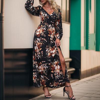 Autumn Sexy and Elegant Slit Long Dress, Backless Long-sleeved V-neck Printed Dress