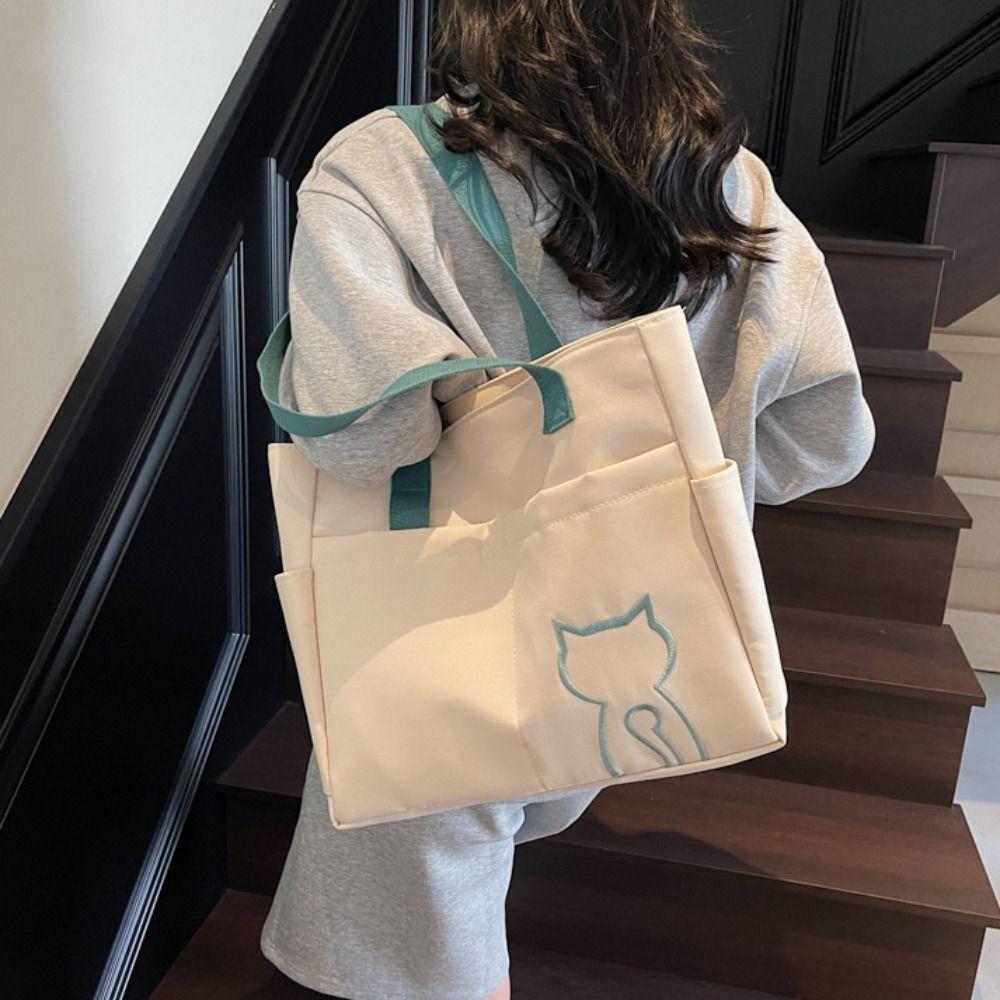 Embroidery Cat Nylon Tote Bag Multi-Pocket Nylon Shoulder Bag Portable Lightweight Eco Bag  Student