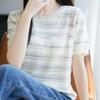women striped knit t-shirt round neck short sleeve hollow out casual lightweight sweater